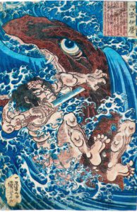 Utagawa Kuniyoshi, Held im Kampf mit dem Seemonster, 1827–1830 © Museum für Kunst und Gewerbe Hamburg 