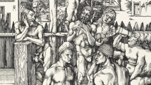 Der Kranke am Brunnenstock, Detail aus: Albrecht Dürer, Das Männerbad, 1496, GNM Nürnberg