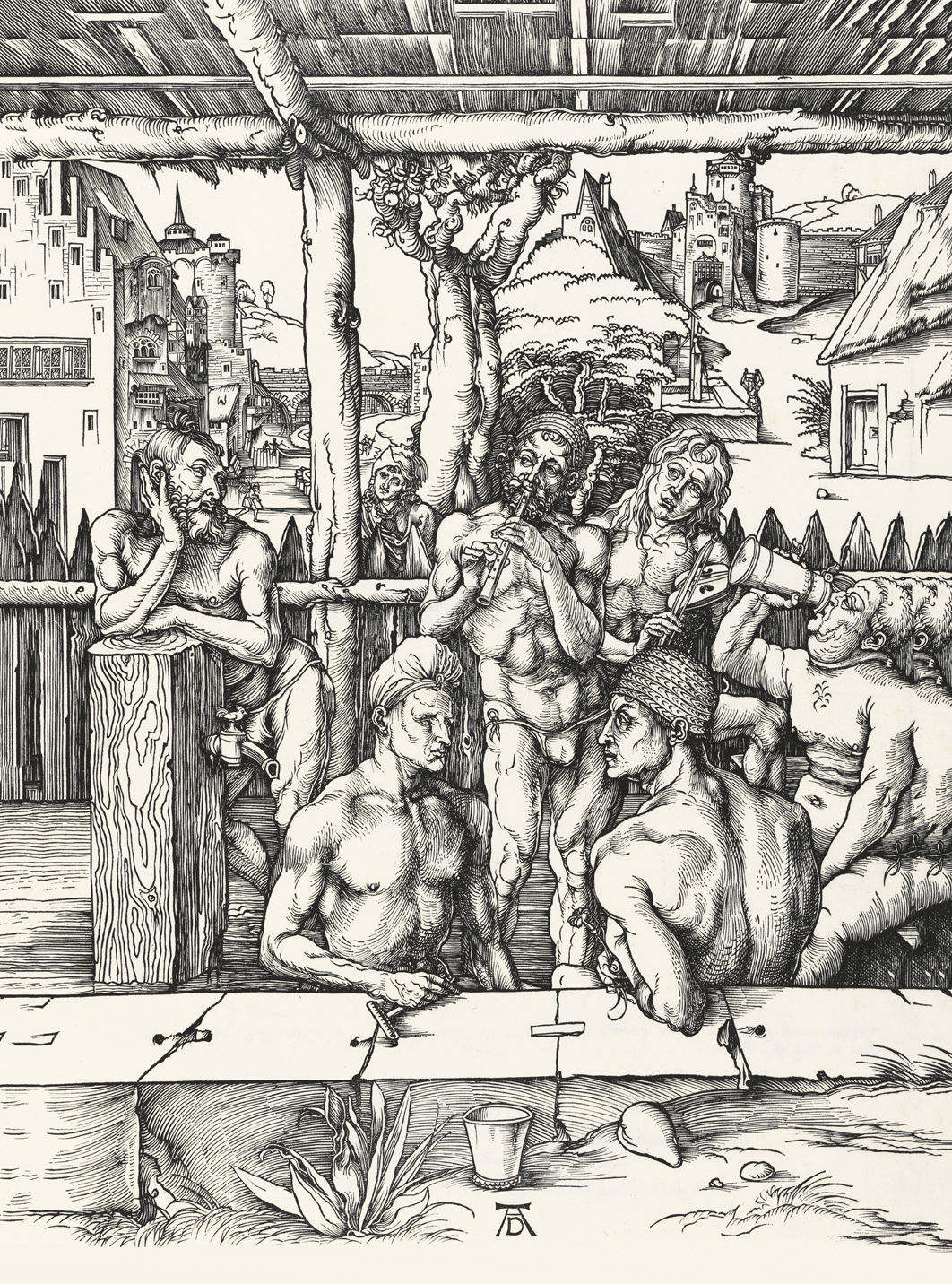 Der Kranke am Brunnenstock, Detail aus: Albrecht Dürer, Das Männerbad, 1496, GNM Nürnberg