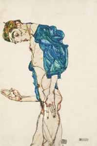 Egon Schiele, Prediger (Selbstakt mit blaugrünem Hemd), 1913 © Leopold Museum, Wien