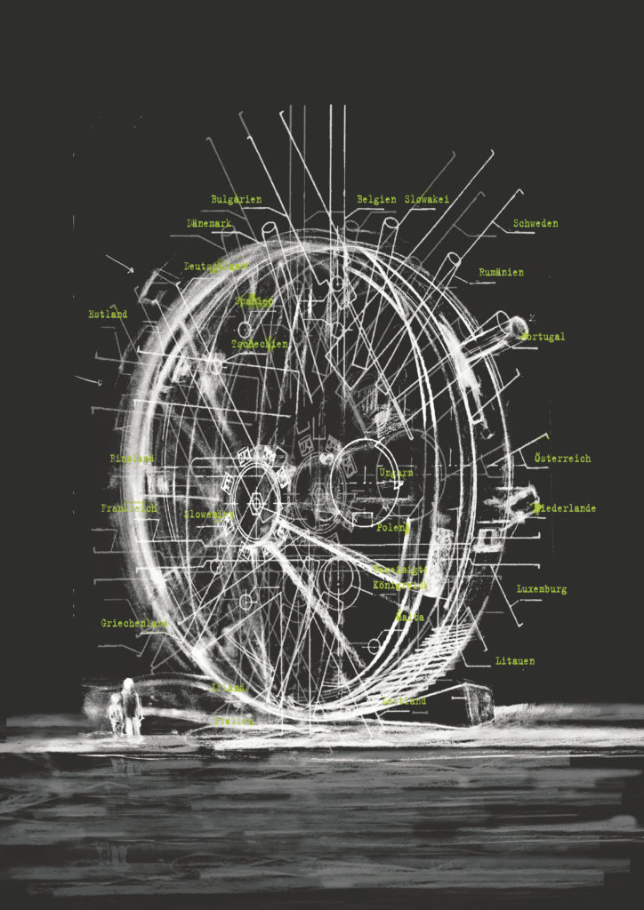 Igor Sacharow-Ross, Konzeptskizze zum EU-Rad für Europa, 2011, Mischtechnik auf Karton, 100 